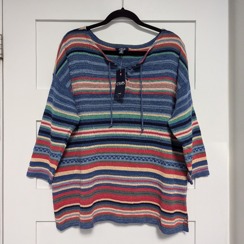 Chaps Sweater Classic Comfort Striped Women's Knit, V Neck 1/4 Lace, Multicolor